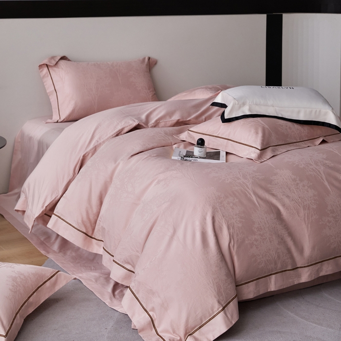 琉宿家纺 2026新款长绒棉纯棉知性简雅肌理浮雕提花长绒棉四件套 艾曼（粉）