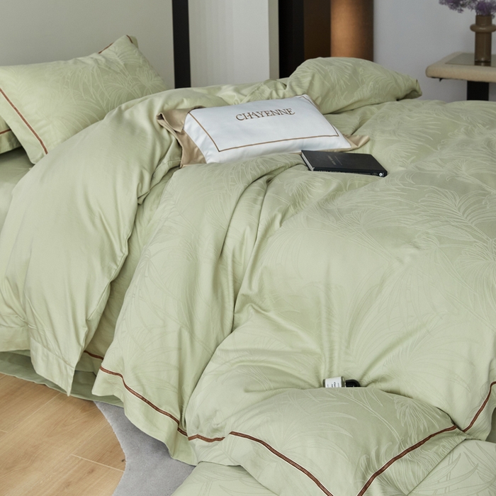 91家纺网 家纺一手货源 找家纺 琉宿家纺 2026新款长绒棉纯棉知性简雅肌理浮雕提花长绒棉四件套 绽放（绿）