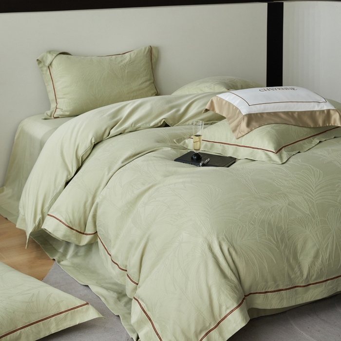 91家纺网 家纺一手货源 找家纺 琉宿家纺 2026新款长绒棉纯棉知性简雅肌理浮雕提花长绒棉四件套 绽放（绿）