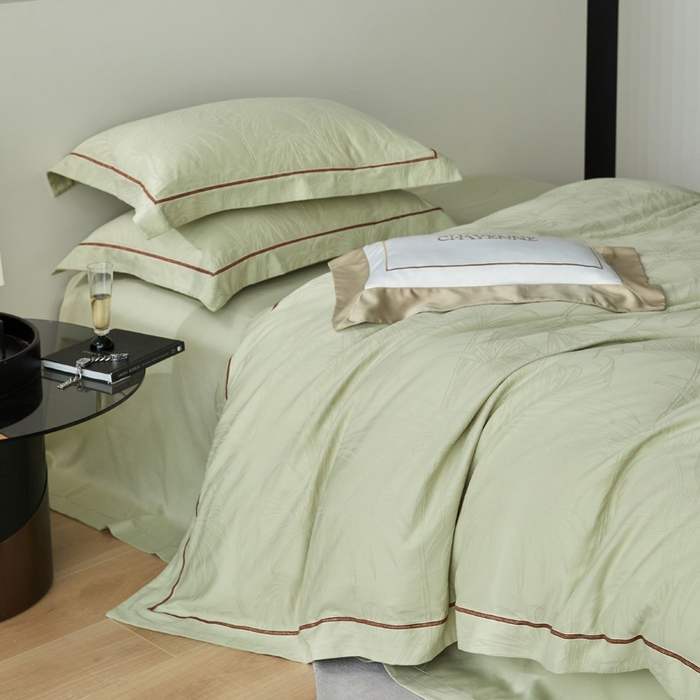 91家纺网 家纺一手货源 找家纺 琉宿家纺 2026新款长绒棉纯棉知性简雅肌理浮雕提花长绒棉四件套 绽放（绿）