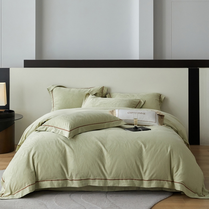 91家纺网 家纺一手货源 找家纺 琉宿家纺 2026新款长绒棉纯棉知性简雅肌理浮雕提花长绒棉四件套 绽放（绿）