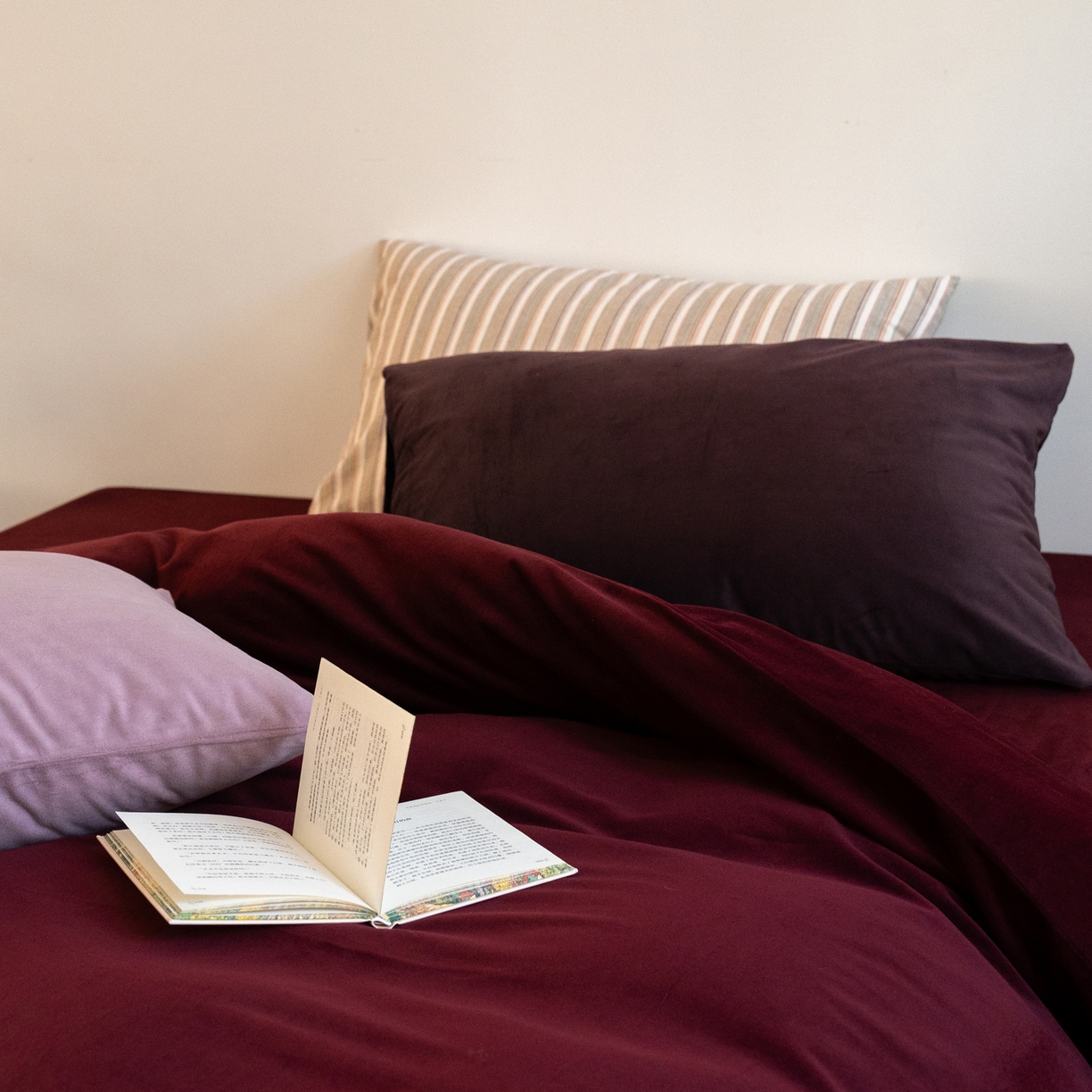 91家纺网 家纺一手货源 找家纺 例外 2025新款高克重天鹅绒四件套-时光里 时光里-酒红