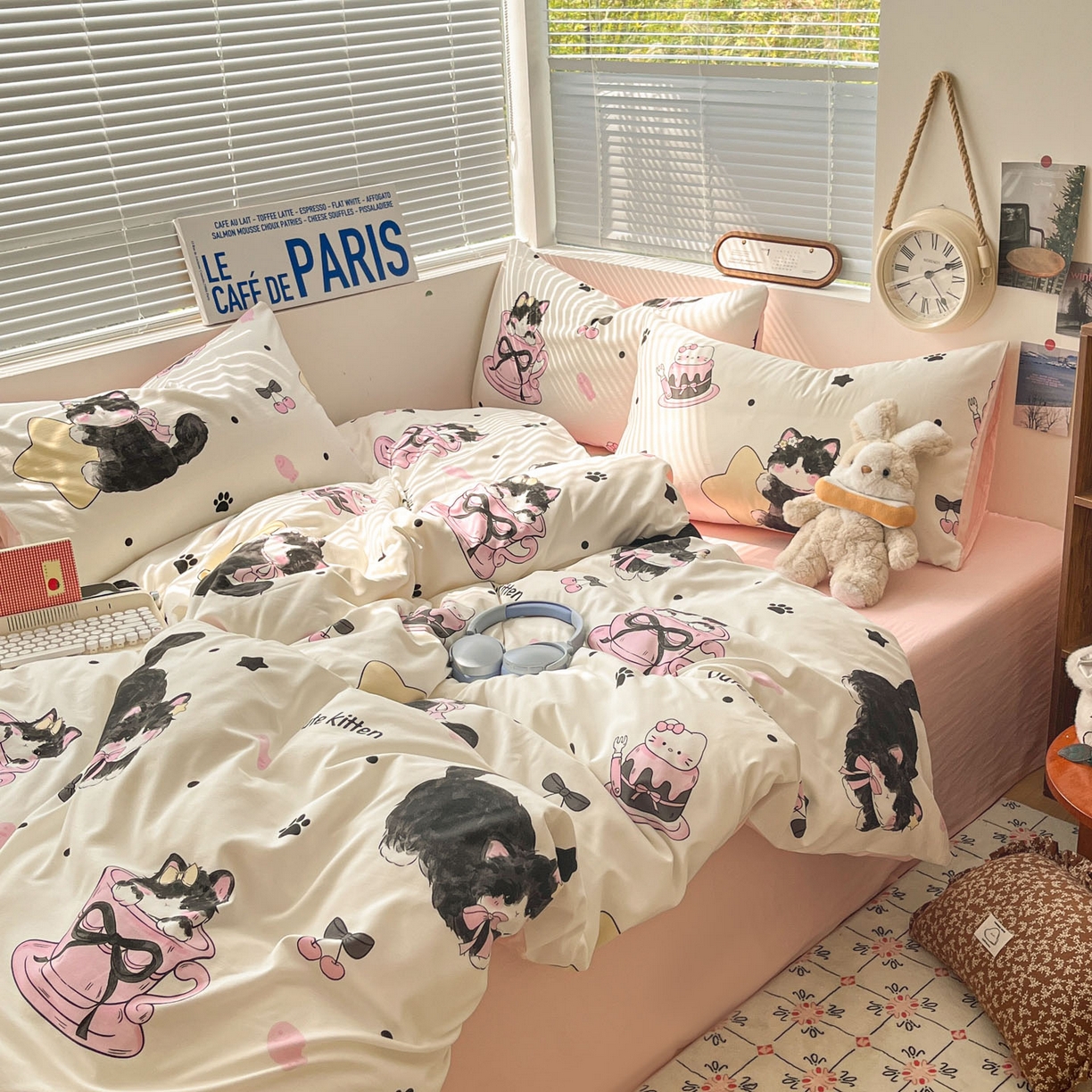 91家纺网 家纺一手货源 找家纺 优承佳生活馆 2026新款洛丽塔风水洗印花四件套学生三件套单被套系列 茶杯猫猫