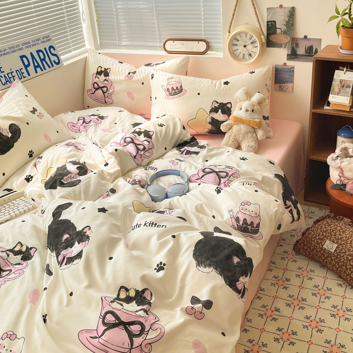 91家纺网 家纺一手货源 找家纺 优承佳生活馆 2026新款洛丽塔风水洗印花四件套学生三件套单被套系列 茶杯猫猫