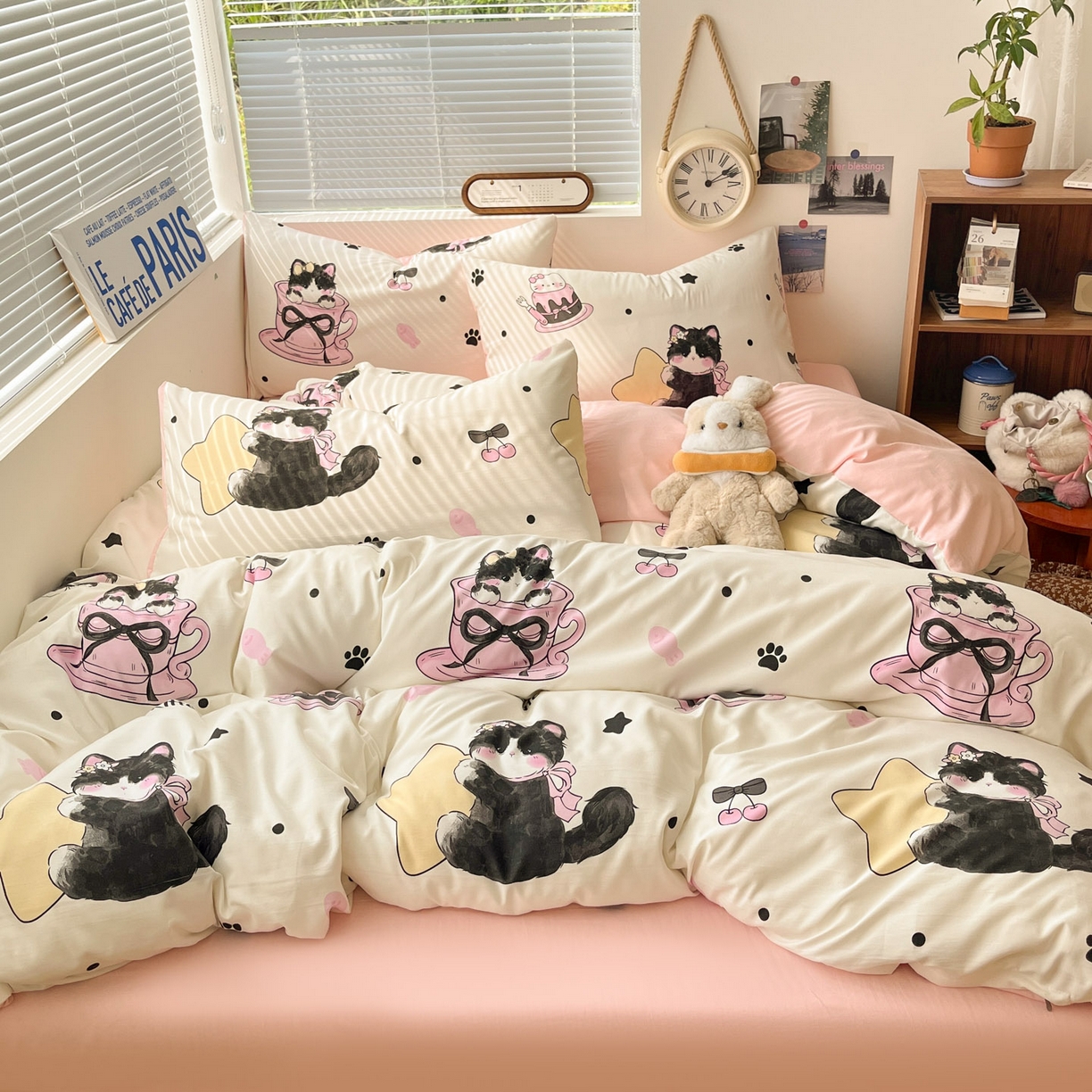 91家纺网 家纺一手货源 找家纺 优承佳生活馆 2026新款洛丽塔风水洗印花四件套学生三件套单被套系列 茶杯猫猫