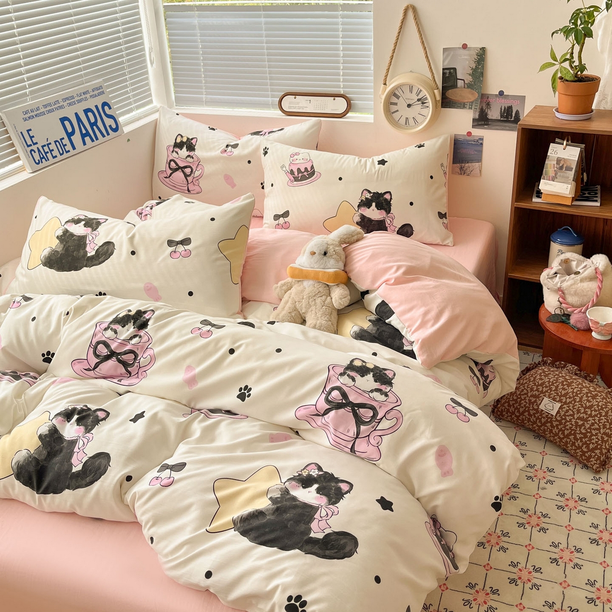 91家纺网 家纺一手货源 找家纺 优承佳生活馆 2026新款洛丽塔风水洗印花四件套学生三件套单被套系列 茶杯猫猫