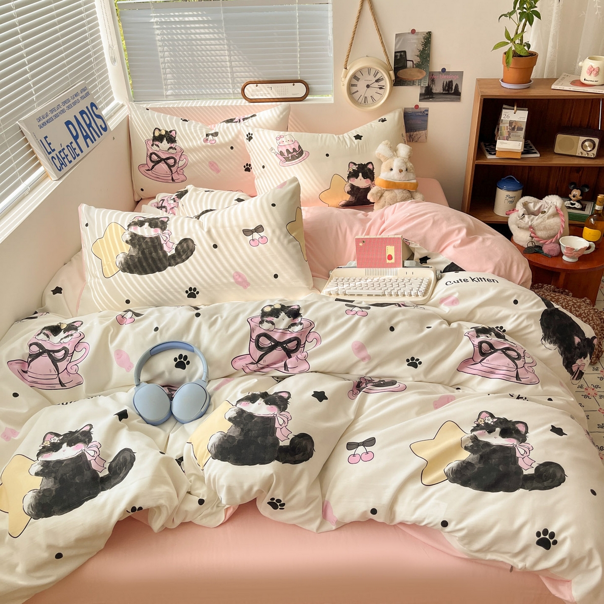 91家纺网 家纺一手货源 找家纺 优承佳生活馆 2026新款洛丽塔风水洗印花四件套学生三件套单被套系列 茶杯猫猫