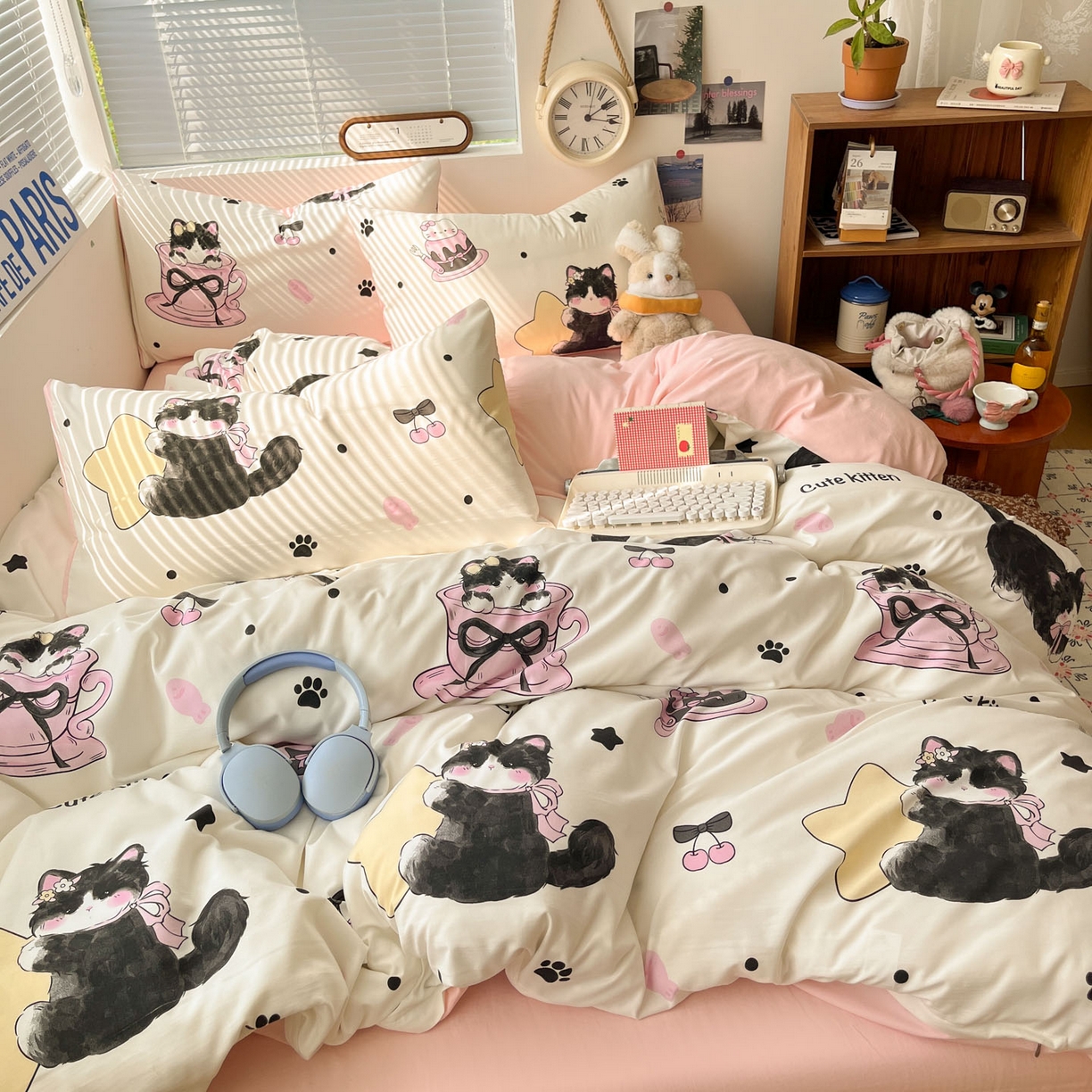 91家纺网 家纺一手货源 找家纺 优承佳生活馆 2026新款洛丽塔风水洗印花四件套学生三件套单被套系列 茶杯猫猫