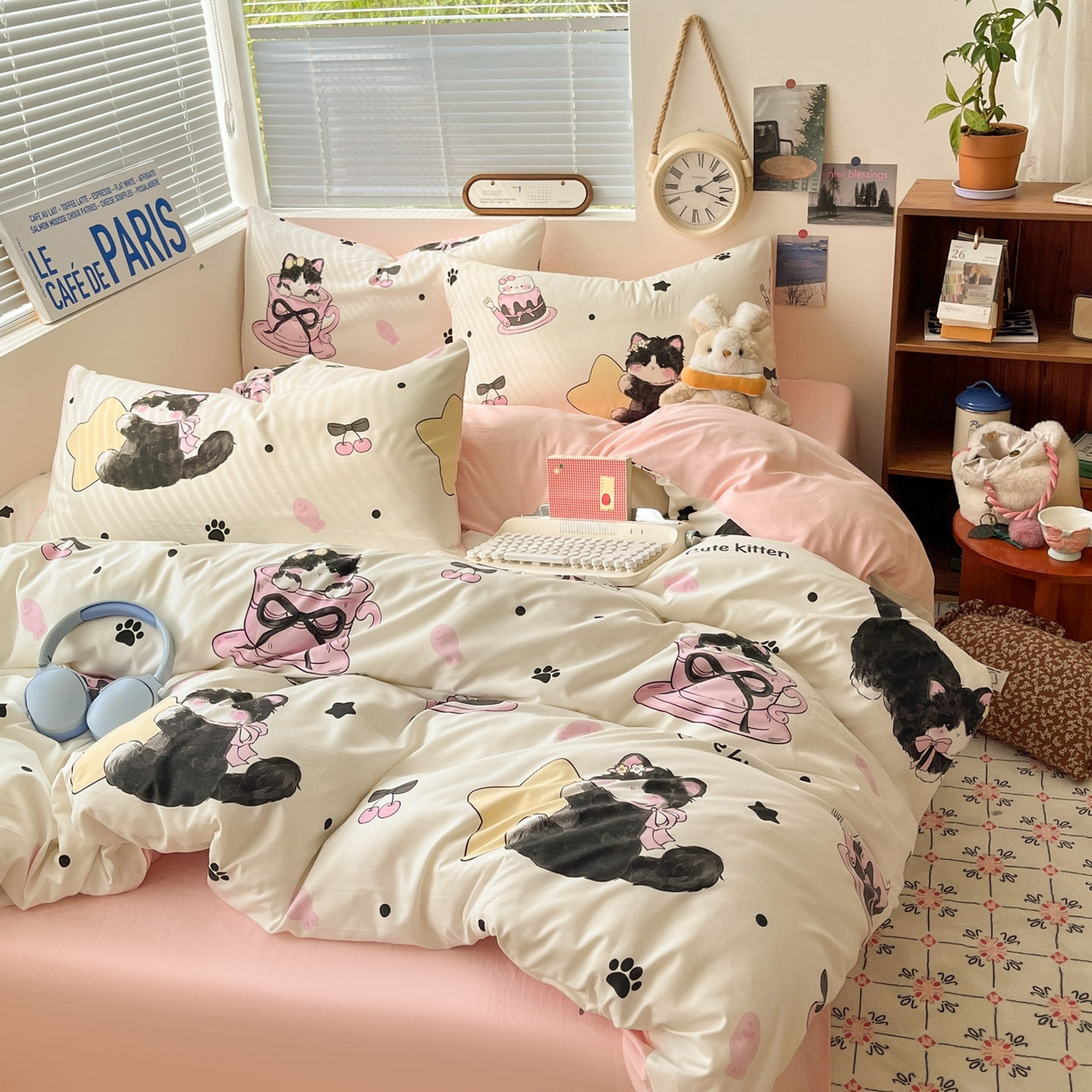 91家纺网 家纺一手货源 找家纺 优承佳生活馆 2026新款洛丽塔风水洗印花四件套学生三件套单被套系列 茶杯猫猫