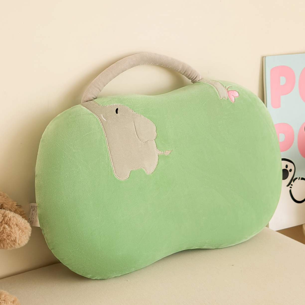 91家纺网 家纺一手货源 找家纺 云熙枕业 2025新款四面弹宝宝绒毛巾绣记忆棉猫肚枕枕头枕芯 猫肚枕-小象绿