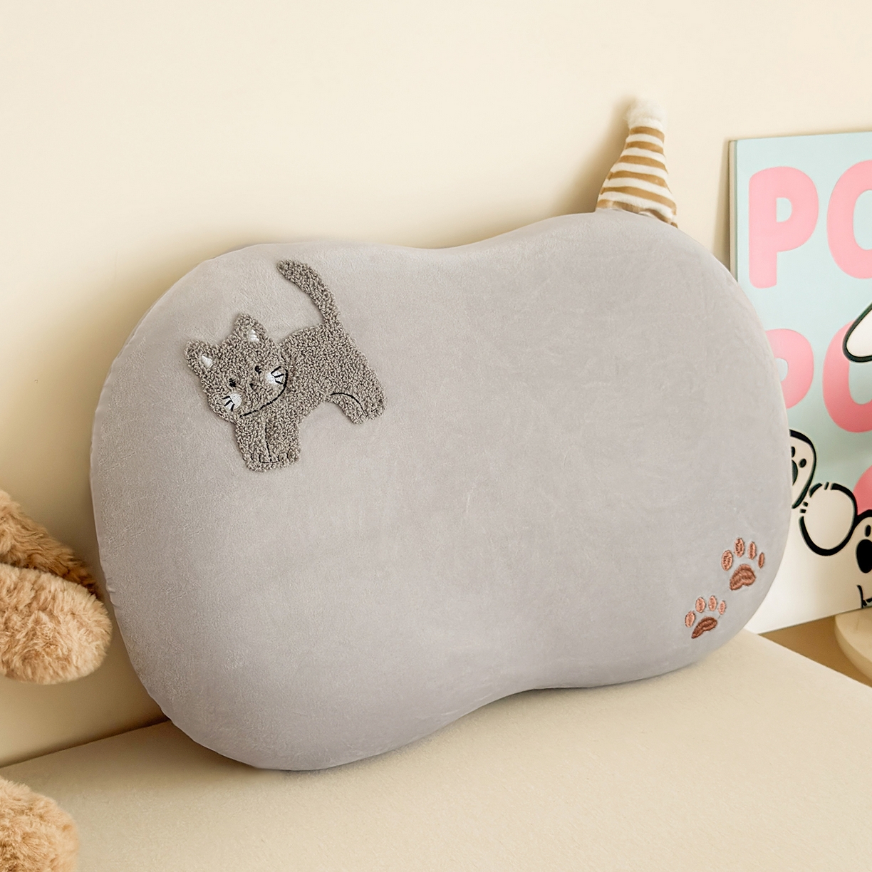 云熙枕业 2025新款四面弹宝宝绒毛巾绣记忆棉猫肚枕枕头枕芯 猫肚枕-小猫灰