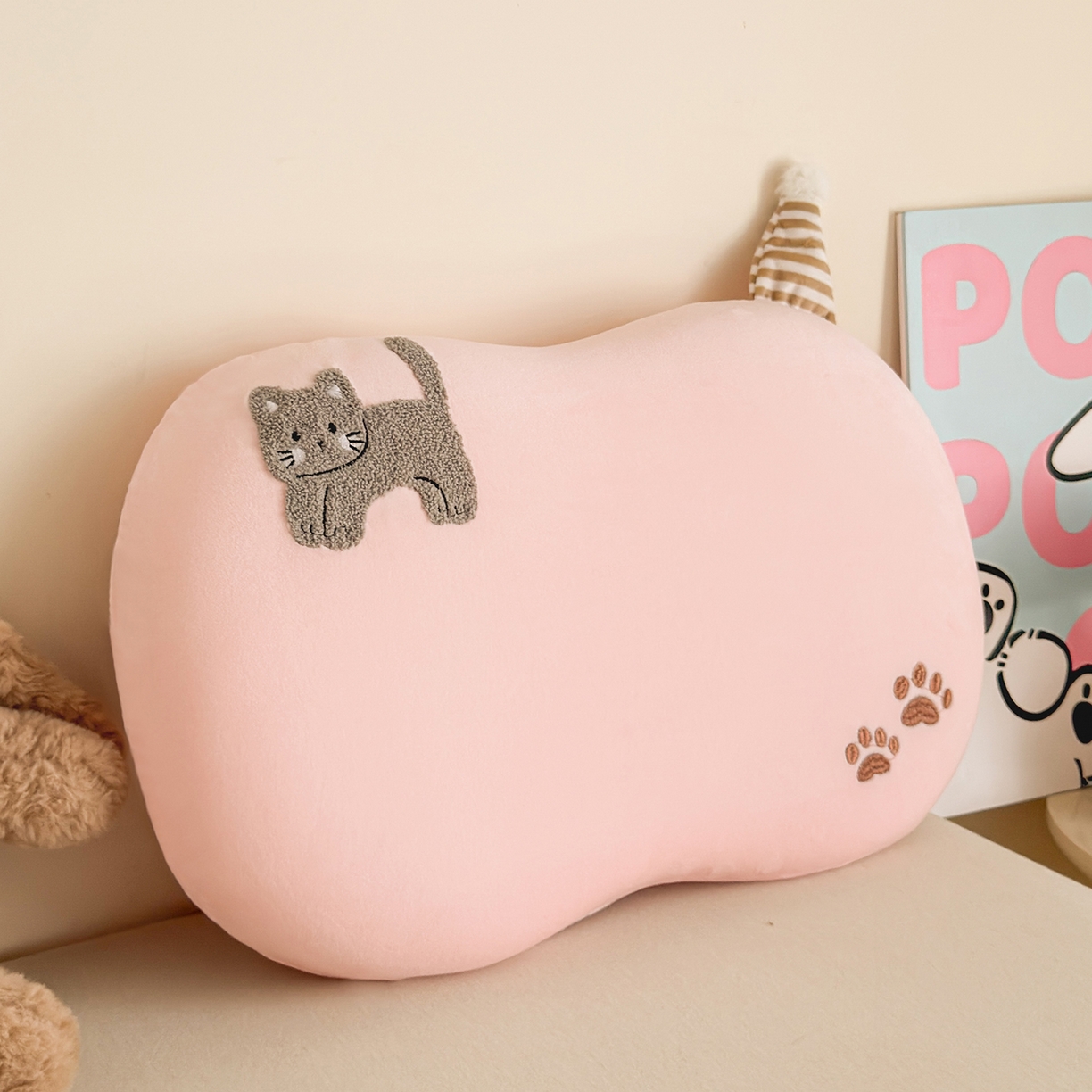 云熙枕业 2025新款四面弹宝宝绒毛巾绣记忆棉猫肚枕枕头枕芯 猫肚枕-小猫浅粉