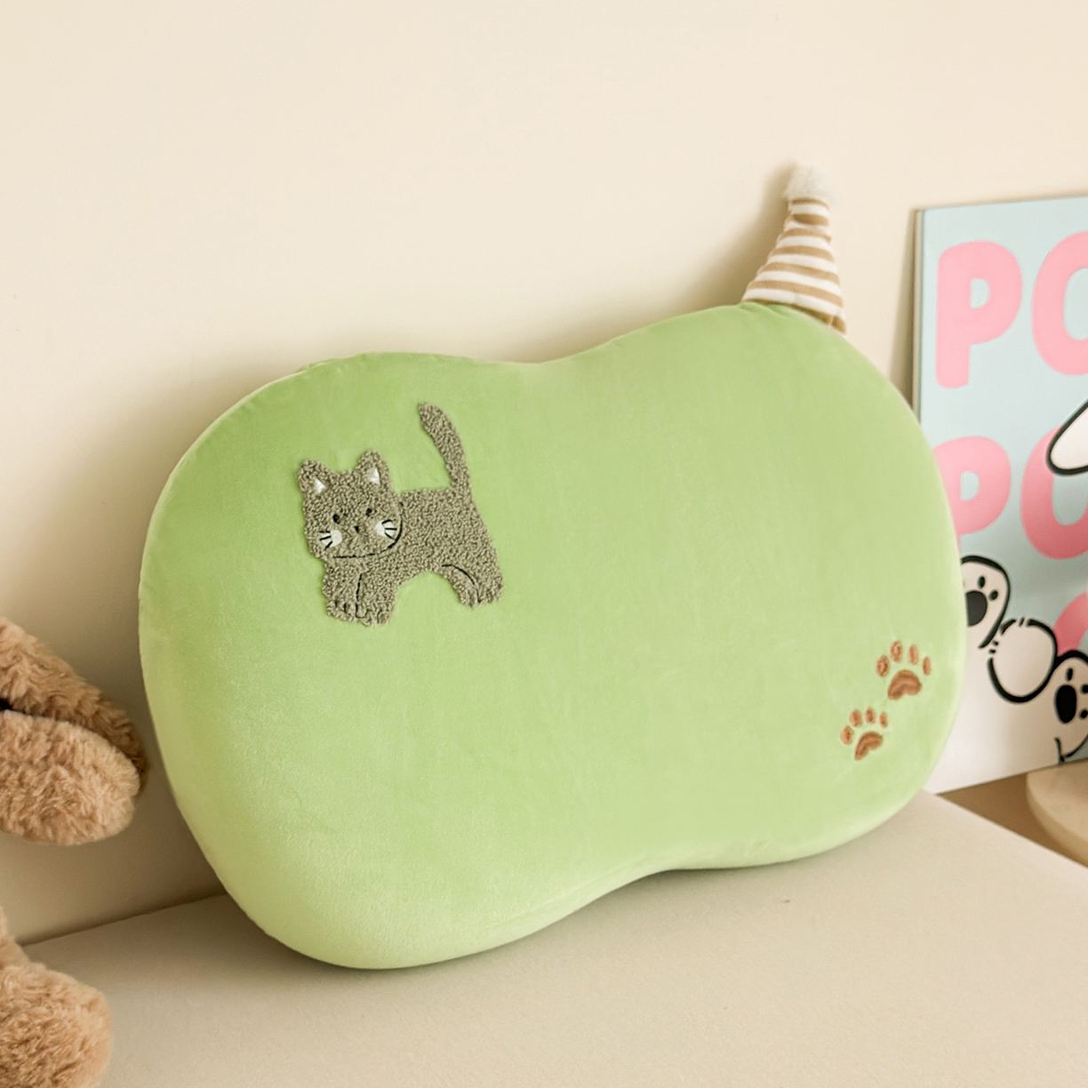 云熙枕业 2025新款四面弹宝宝绒毛巾绣记忆棉猫肚枕枕头枕芯 猫肚枕-小猫绿