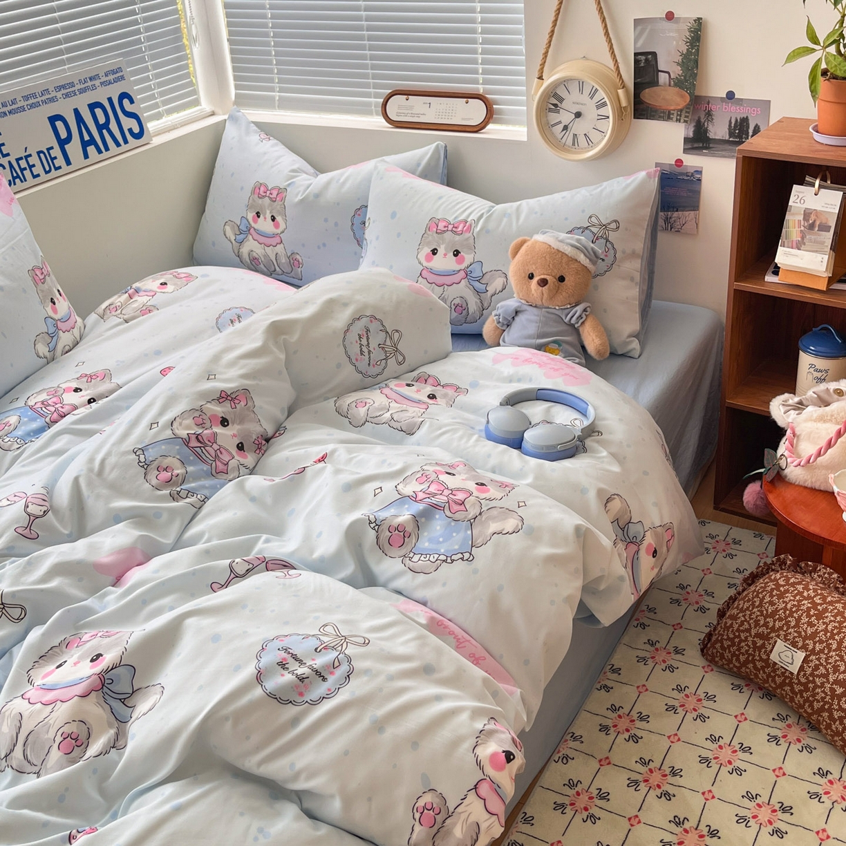91家纺网 家纺一手货源 找家纺 优承佳生活馆 2026新款洛丽塔风水洗印花四件套学生三件套单被套系列 软萌宠物