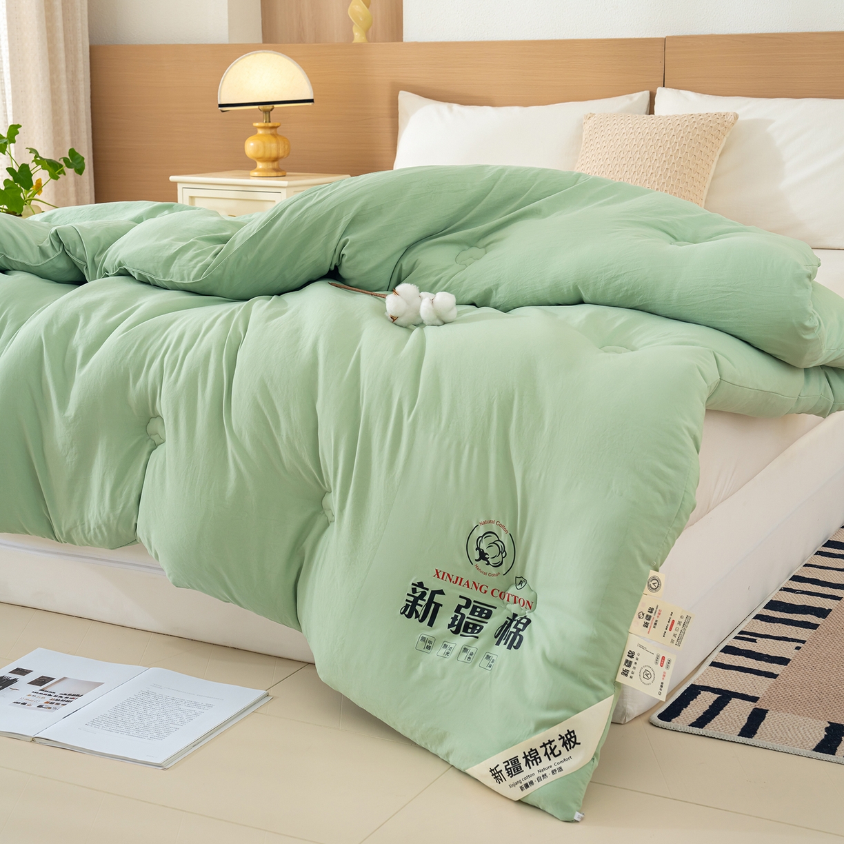 91家纺网 家纺一手货源 找家纺 桔禾家纺 2025新款水洗棉新疆棉花被直播水洗棉被子冬被芯春秋被夏被学生被子 薄荷绿