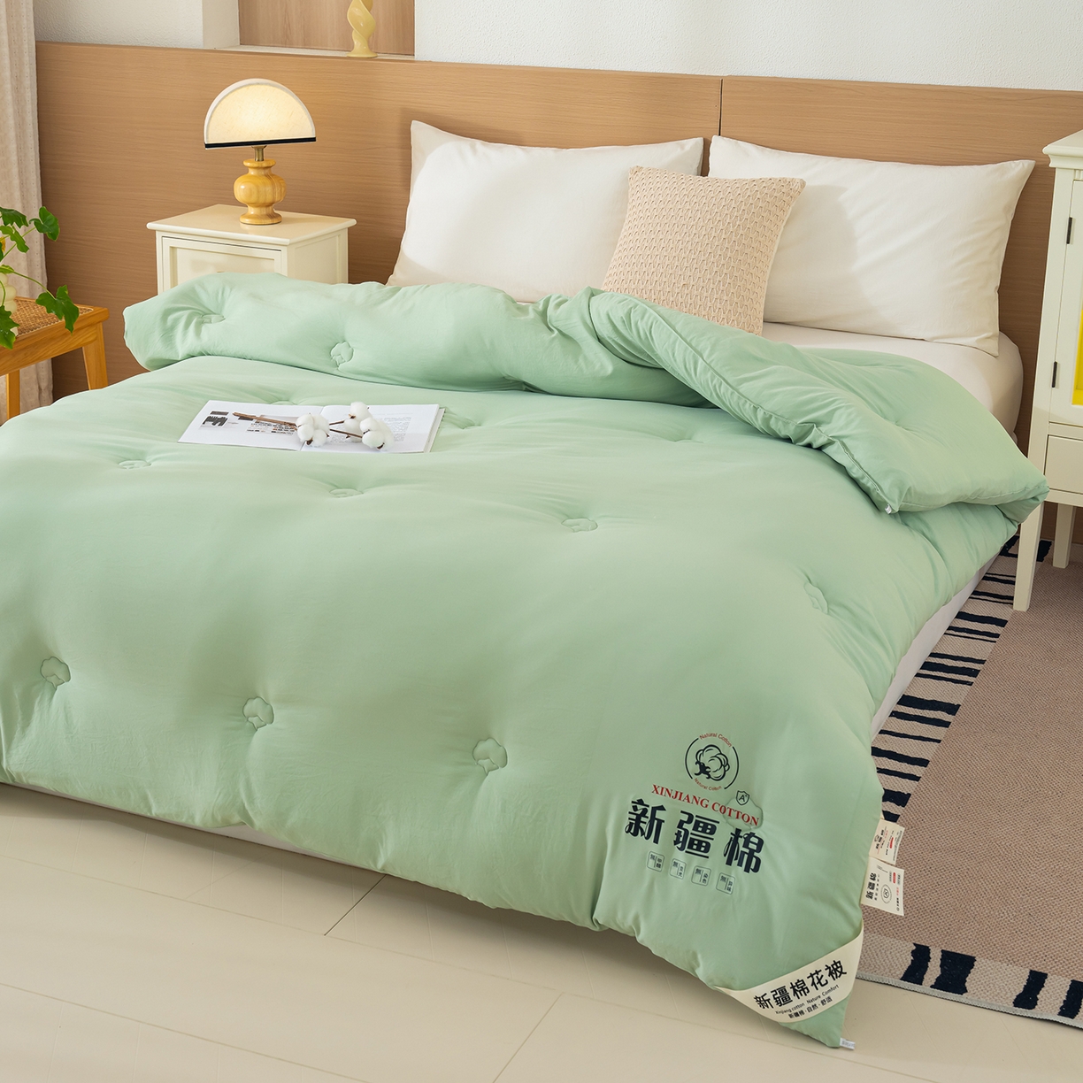 91家纺网 家纺一手货源 找家纺 桔禾家纺 2025新款水洗棉新疆棉花被直播水洗棉被子冬被芯春秋被夏被学生被子 薄荷绿
