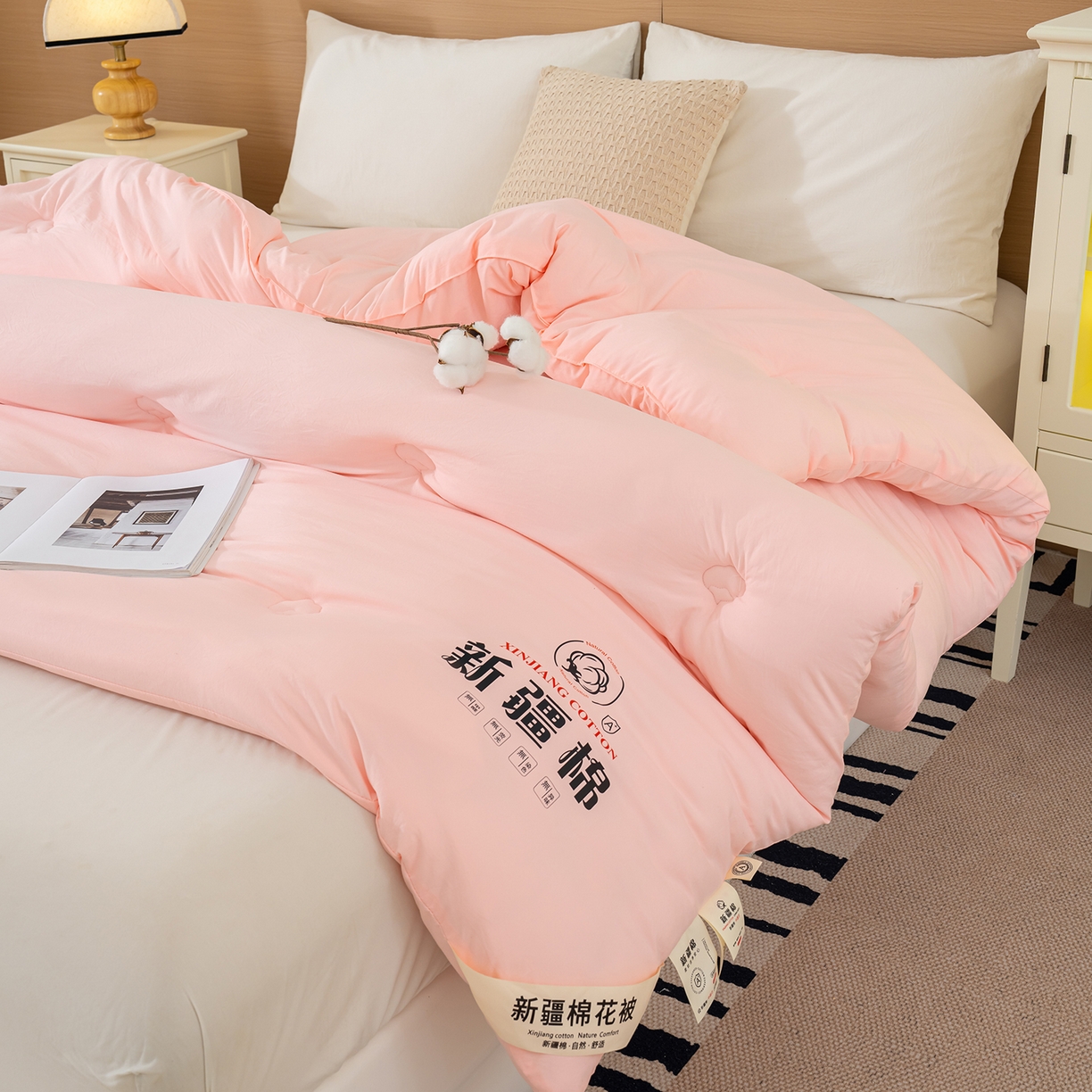 91家纺网 家纺一手货源 找家纺 桔禾家纺 2025新款水洗棉新疆棉花被直播水洗棉被子冬被芯春秋被夏被学生被子 樱花粉