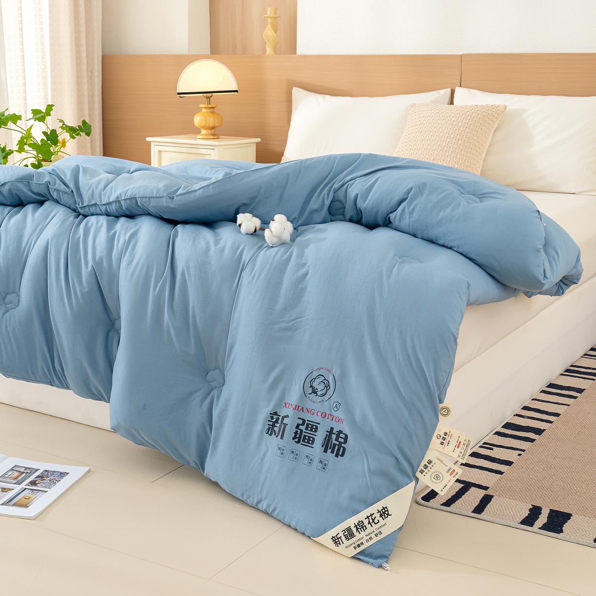 91家纺网 家纺一手货源 找家纺 桔禾家纺 2025新款水洗棉新疆棉花被直播水洗棉被子冬被芯春秋被夏被学生被子 晴空蓝