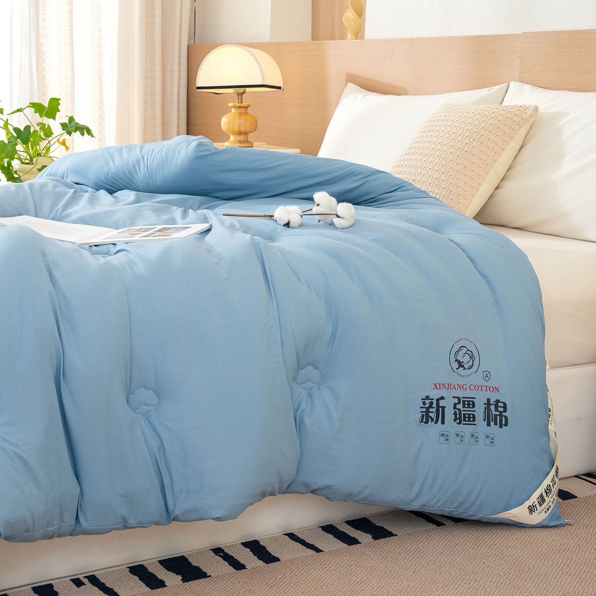91家纺网 家纺一手货源 找家纺 桔禾家纺 2025新款水洗棉新疆棉花被直播水洗棉被子冬被芯春秋被夏被学生被子 晴空蓝