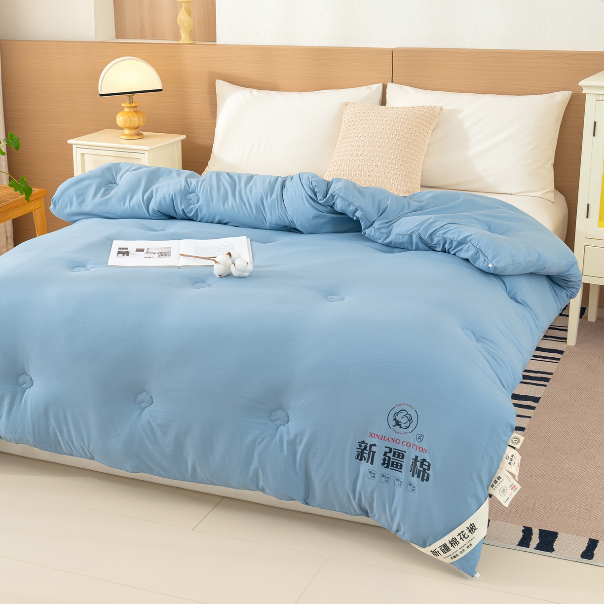91家纺网 家纺一手货源 找家纺 桔禾家纺 2025新款水洗棉新疆棉花被直播水洗棉被子冬被芯春秋被夏被学生被子 晴空蓝