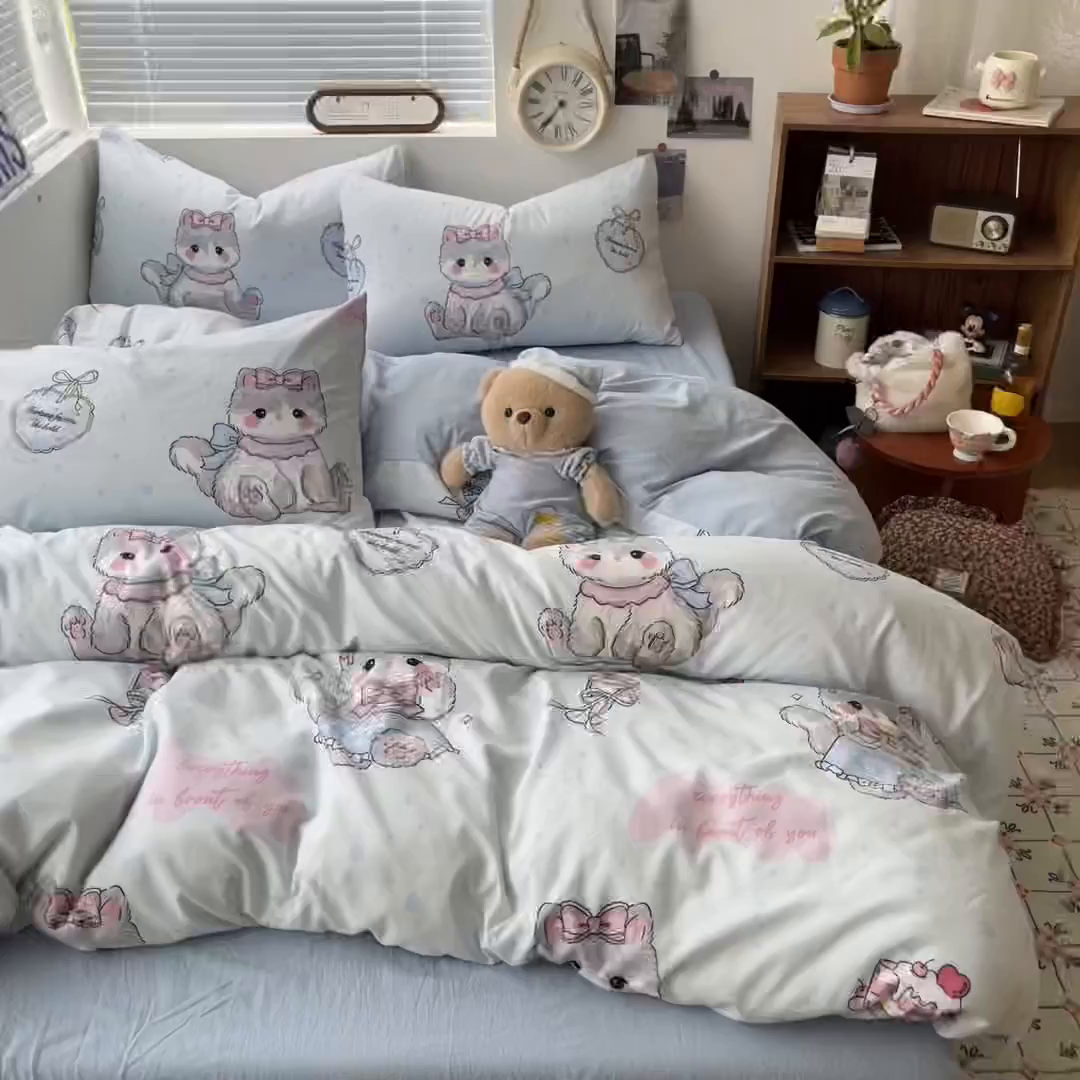 91家纺网 家纺一手货源 找家纺 优承佳生活馆 2026新款洛丽塔风水洗印花四件套学生三件套单被套系列 软萌宠物