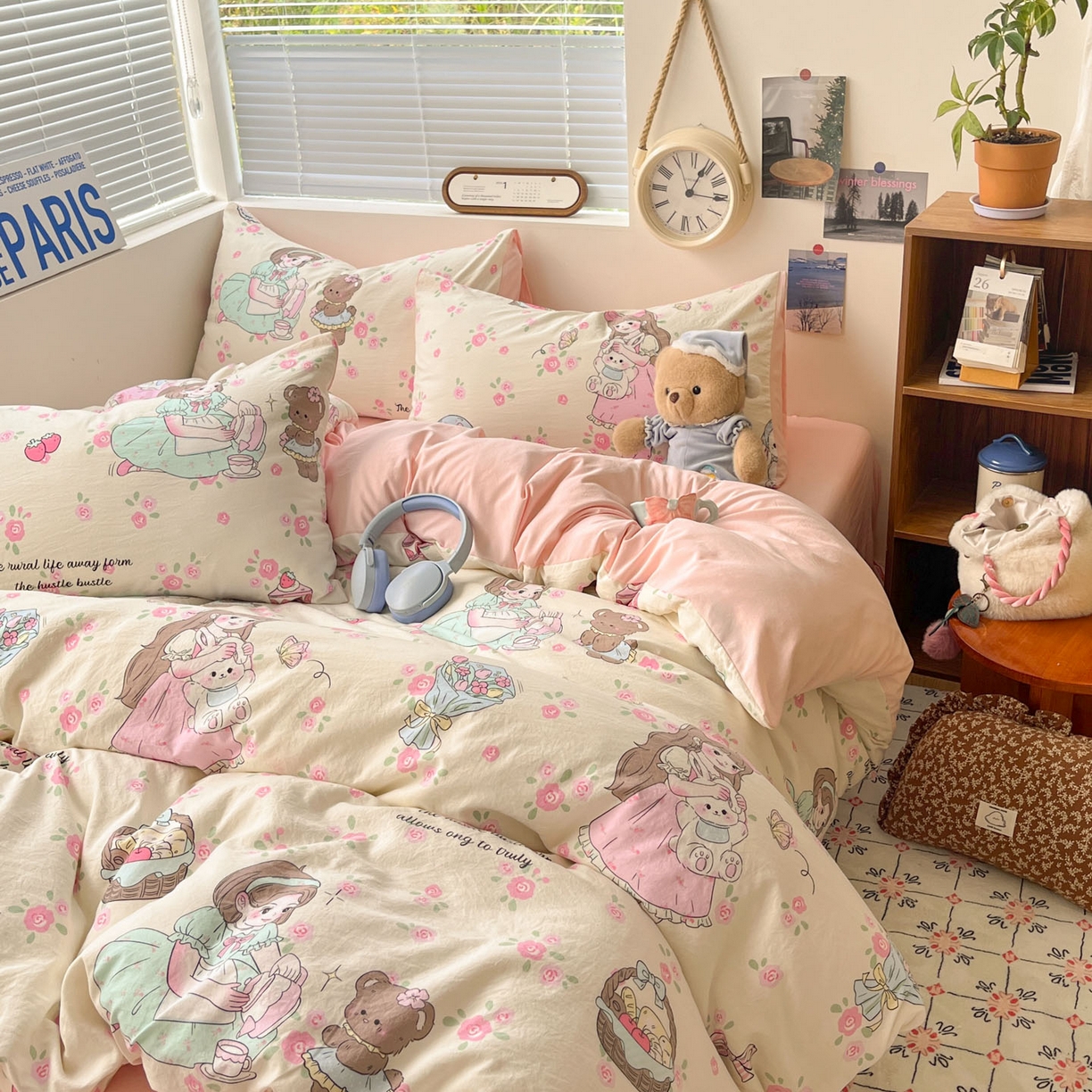 91家纺网 家纺一手货源 找家纺 优承佳生活馆 2026新款洛丽塔风水洗印花四件套学生三件套单被套系列 午后茶话会