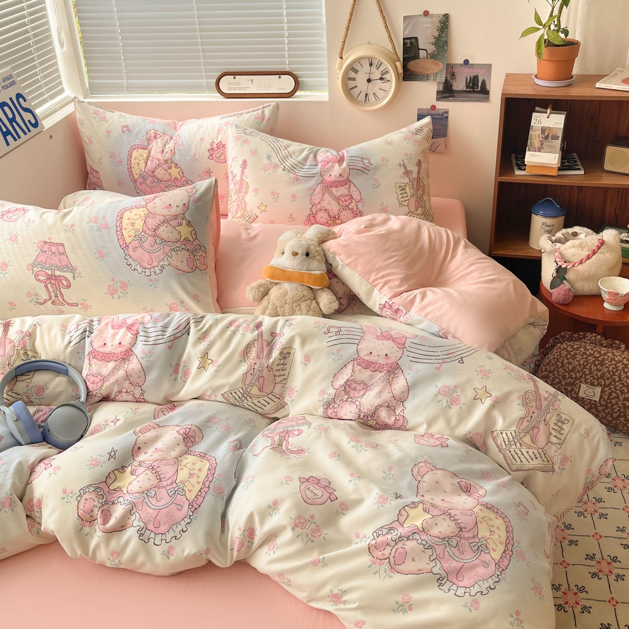 91家纺网 家纺一手货源 找家纺 优承佳生活馆 2026新款洛丽塔风水洗印花四件套学生三件套单被套系列 休闲小熊