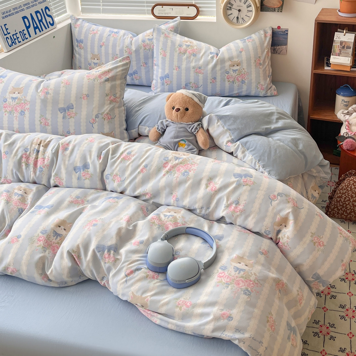 91家纺网 家纺一手货源 找家纺 优承佳生活馆 2026新款洛丽塔风水洗印花四件套学生三件套单被套系列 优雅小猫