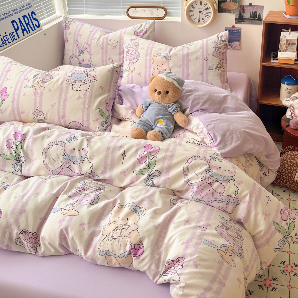 91家纺网 家纺一手货源 找家纺 优承佳生活馆 2026新款洛丽塔风水洗印花四件套学生三件套单被套系列 紫色友谊