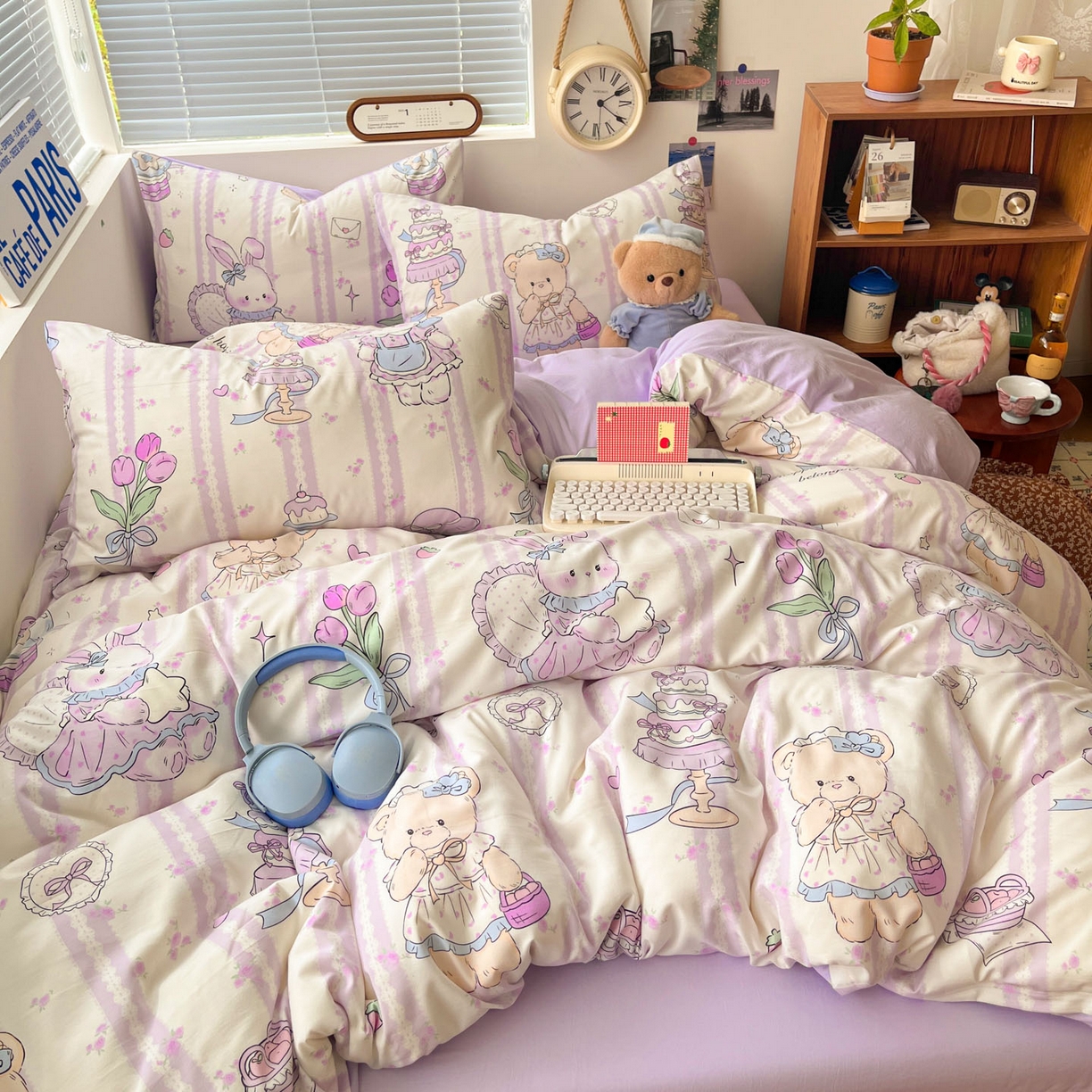 91家纺网 家纺一手货源 找家纺 优承佳生活馆 2026新款洛丽塔风水洗印花四件套学生三件套单被套系列 紫色友谊