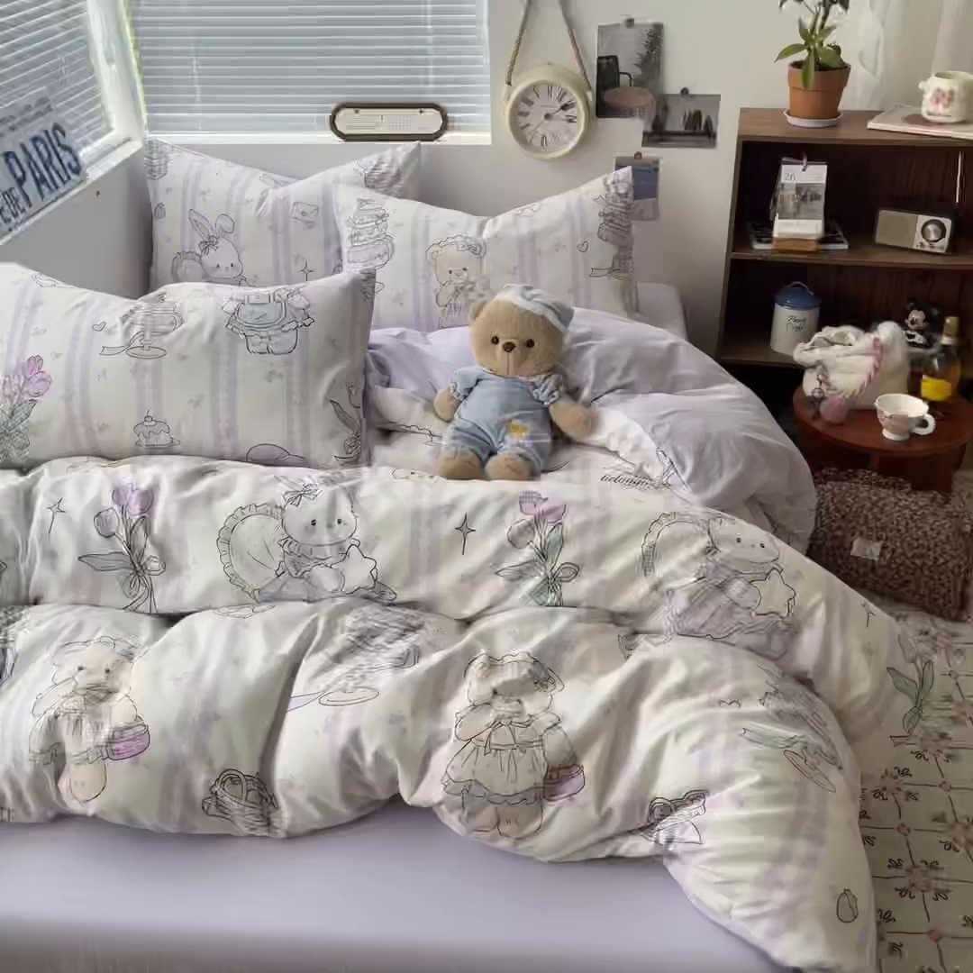 91家纺网 家纺一手货源 找家纺 优承佳生活馆 2026新款洛丽塔风水洗印花四件套学生三件套单被套系列 紫色友谊