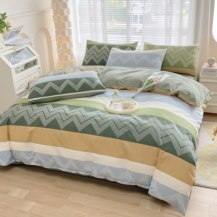 91家纺网 家纺一手货源 找家纺 2025直播新款13372全棉纯棉印花四件套喷气小清新简约热款学生四件套 动感电波