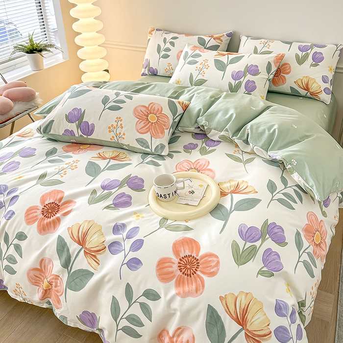 91家纺网 家纺一手货源 找家纺 2025直播新款13372全棉纯棉印花四件套喷气小清新简约热款学生四件套 古涧茉莉