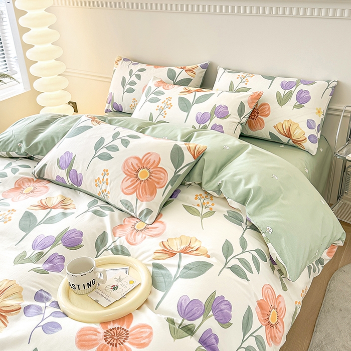 91家纺网 家纺一手货源 找家纺 2025直播新款13372全棉纯棉印花四件套喷气小清新简约热款学生四件套 古涧茉莉