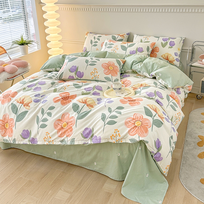 91家纺网 家纺一手货源 找家纺 2025直播新款13372全棉纯棉印花四件套喷气小清新简约热款学生四件套 古涧茉莉