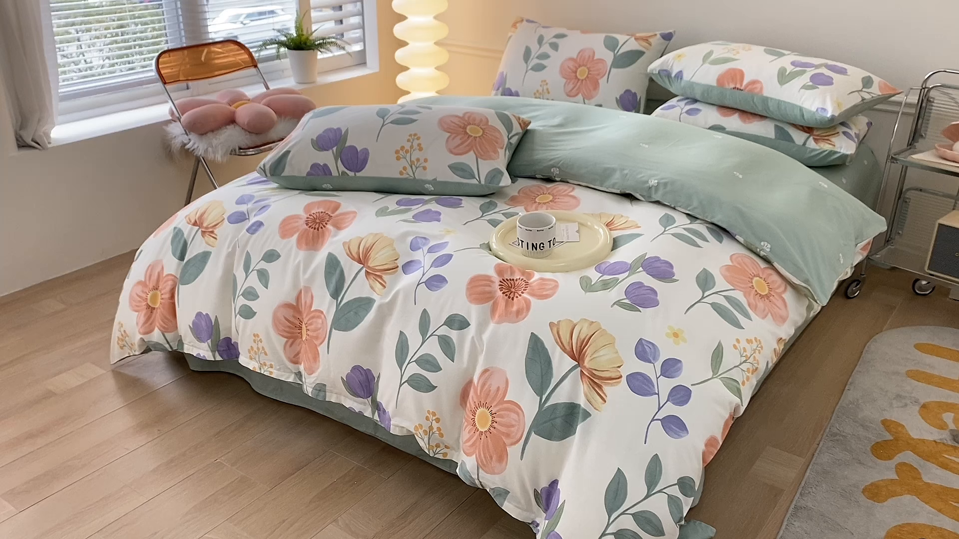 91家纺网 家纺一手货源 找家纺 2025直播新款13372全棉纯棉印花四件套喷气小清新简约热款学生四件套 古涧茉莉