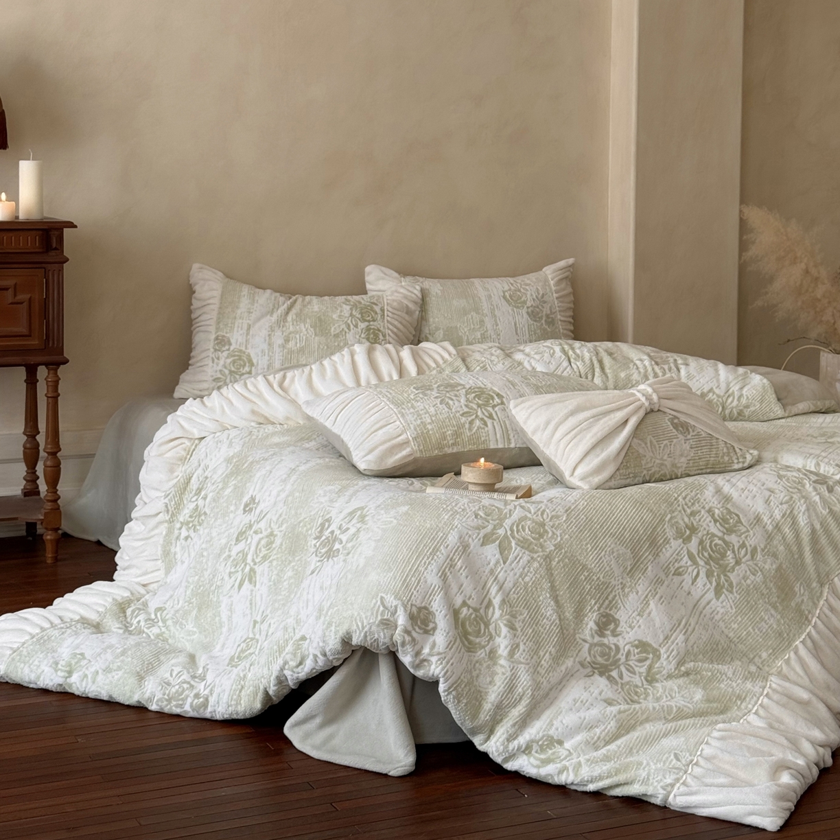 91家纺网 家纺一手货源 找家纺 凯儿家纺 2025新款全消光牛奶绒法式公主风花边工艺款四件套-蔷薇少女 蔷薇少女-绿