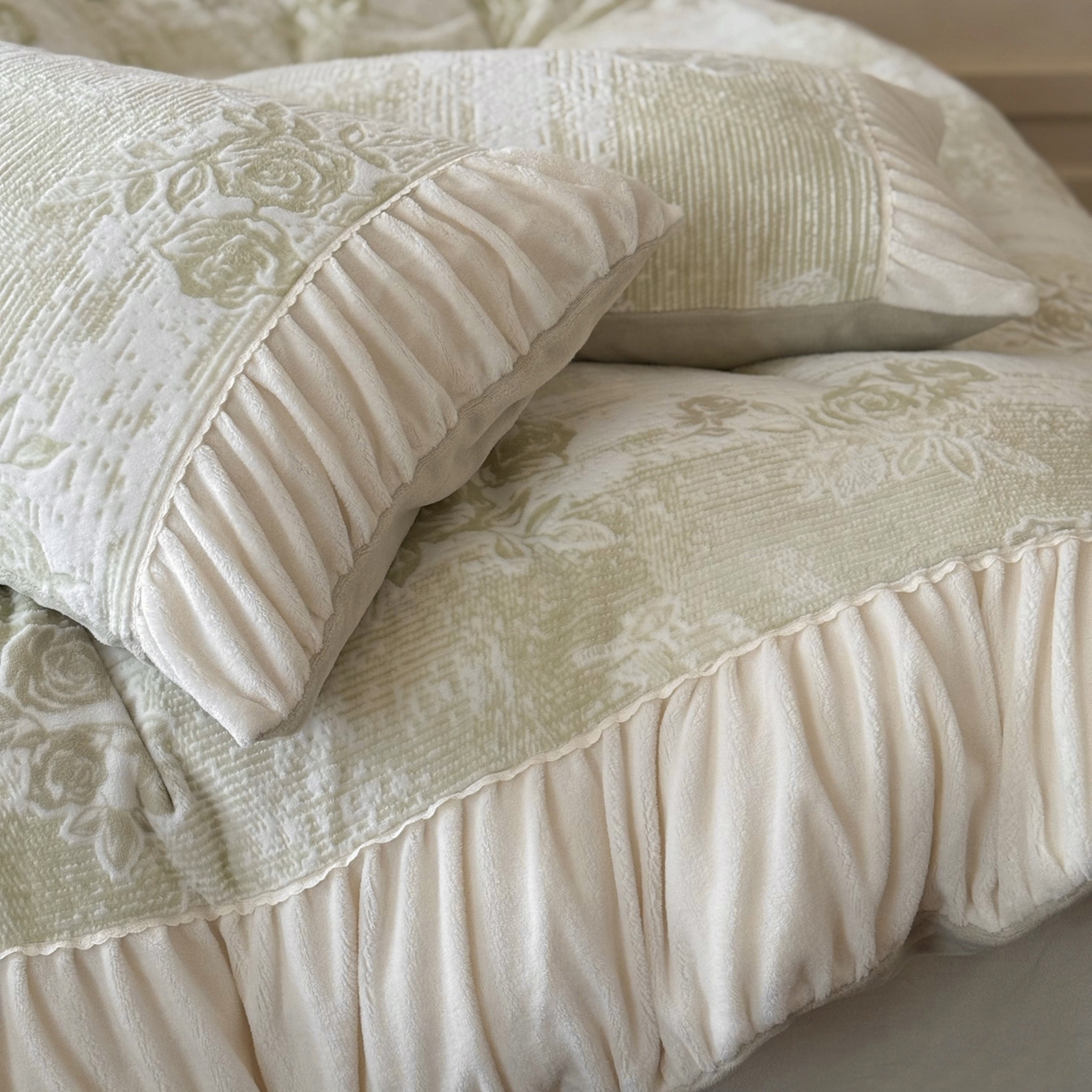 91家纺网 家纺一手货源 找家纺 凯儿家纺 2025新款全消光牛奶绒法式公主风花边工艺款四件套-蔷薇少女 蔷薇少女-绿