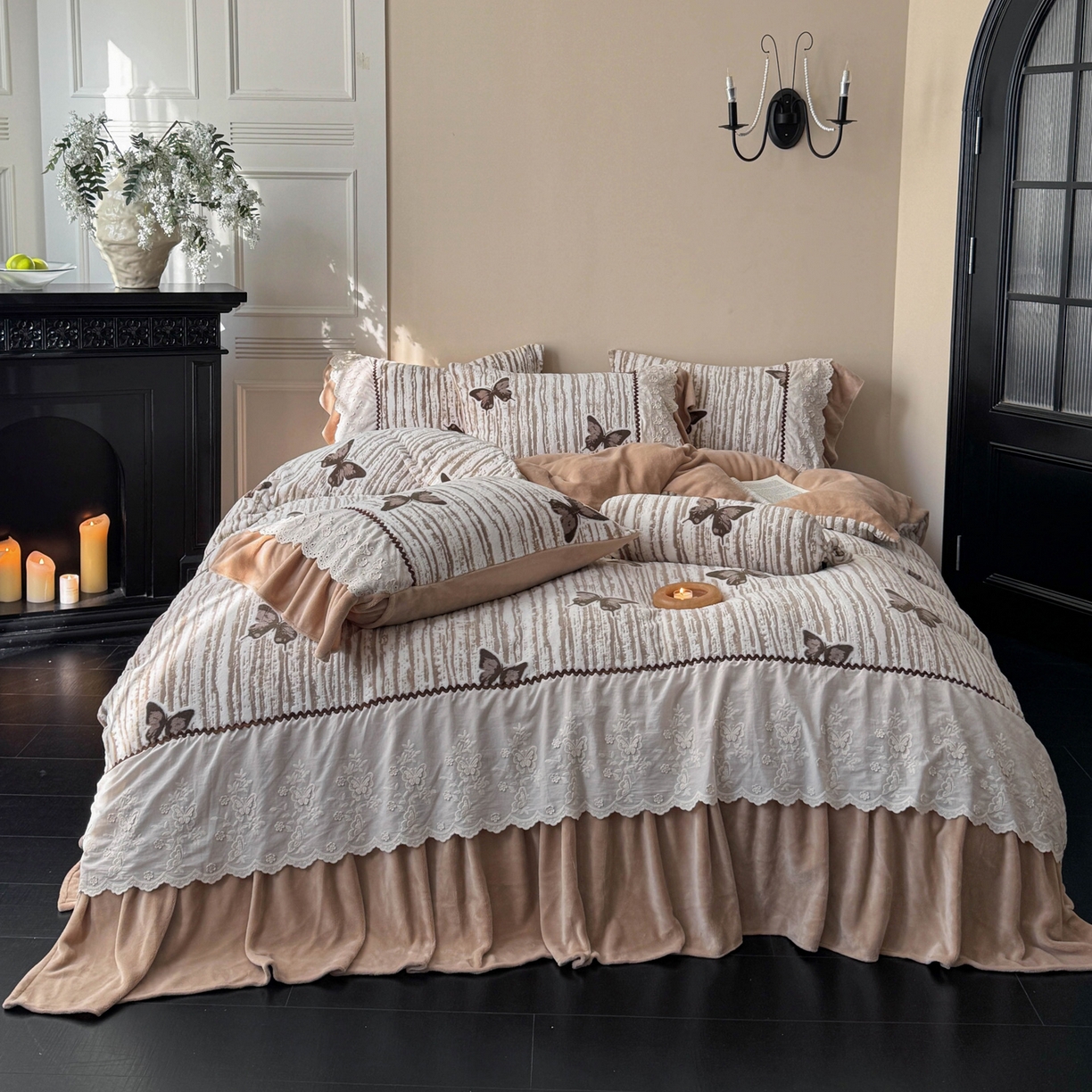 91家纺网 家纺一手货源 找家纺 （总）凯儿家纺 2025新款全消光牛奶绒法式公主风花边工艺款四件套-捕梦