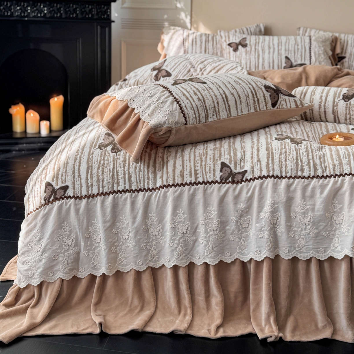 91家纺网 家纺一手货源 找家纺 （总）凯儿家纺 2025新款全消光牛奶绒法式公主风花边工艺款四件套-捕梦