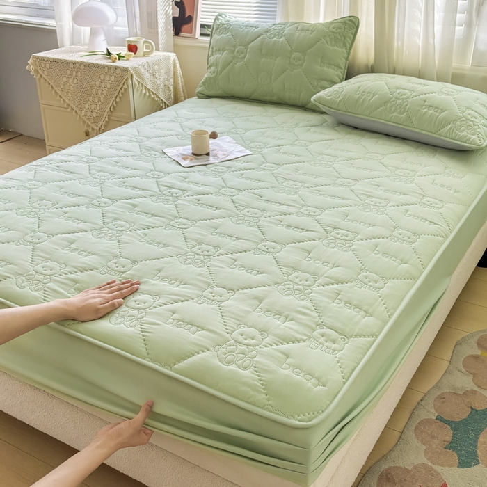 LIFE.丽芙 2025新款磨毛单件超声波小熊夹棉床笠三件套 小熊夹棉床笠-松石绿