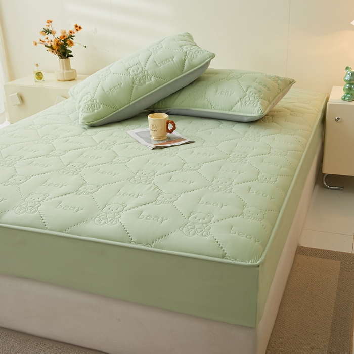 LIFE.丽芙 2025新款磨毛单件超声波小熊夹棉防水床笠三件套 小熊防水夹棉床笠-松石绿