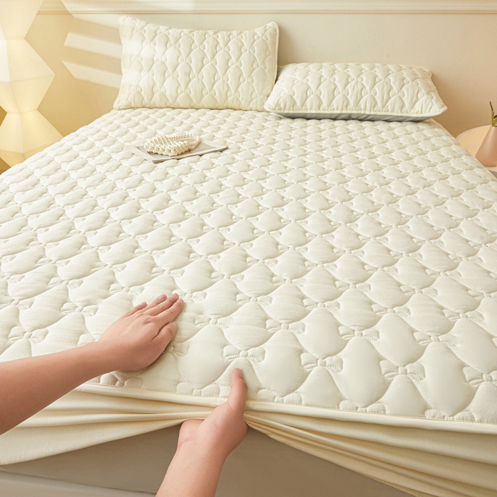 LIFE.丽芙 2025新款水洗原棉单件蝴蝶结绗缝夹棉床笠三件套 蝴蝶结床笠-奶昔白