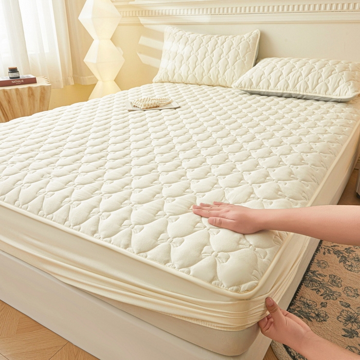 91家纺网 家纺一手货源 找家纺 LIFE.丽芙 2025新款水洗原棉单件蝴蝶结绗缝夹棉床笠三件套 蝴蝶结床笠-奶昔白