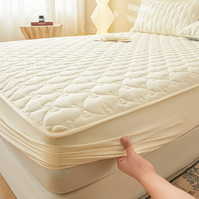 91家纺网 家纺一手货源 找家纺 LIFE.丽芙 2025新款水洗原棉单件蝴蝶结绗缝夹棉床笠三件套 蝴蝶结床笠-奶昔白