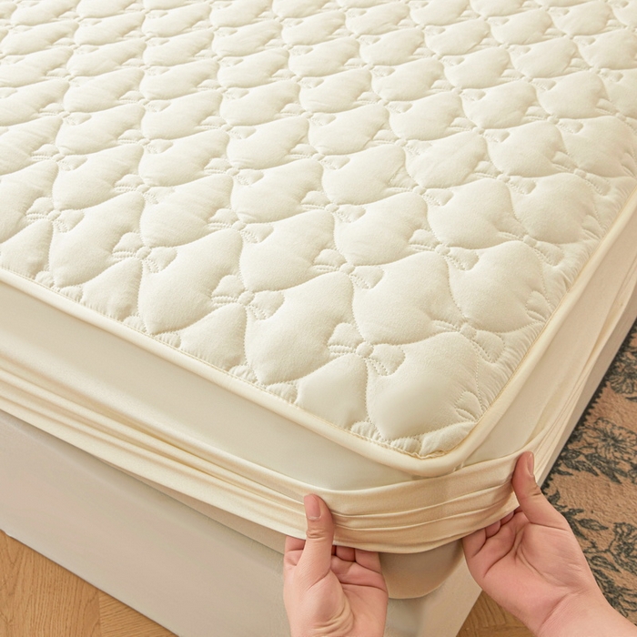 91家纺网 家纺一手货源 找家纺 LIFE.丽芙 2025新款水洗原棉单件蝴蝶结绗缝夹棉床笠三件套 蝴蝶结床笠-奶昔白