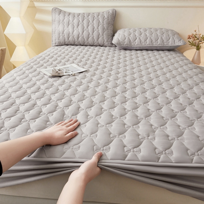 LIFE.丽芙 2025新款水洗原棉单件蝴蝶结绗缝夹棉床笠三件套 蝴蝶结床笠-山灰