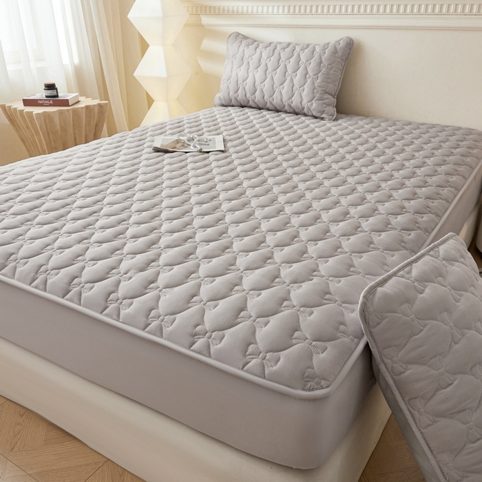 91家纺网 家纺一手货源 找家纺 LIFE.丽芙 2025新款水洗原棉单件蝴蝶结绗缝夹棉床笠三件套 蝴蝶结床笠-山灰