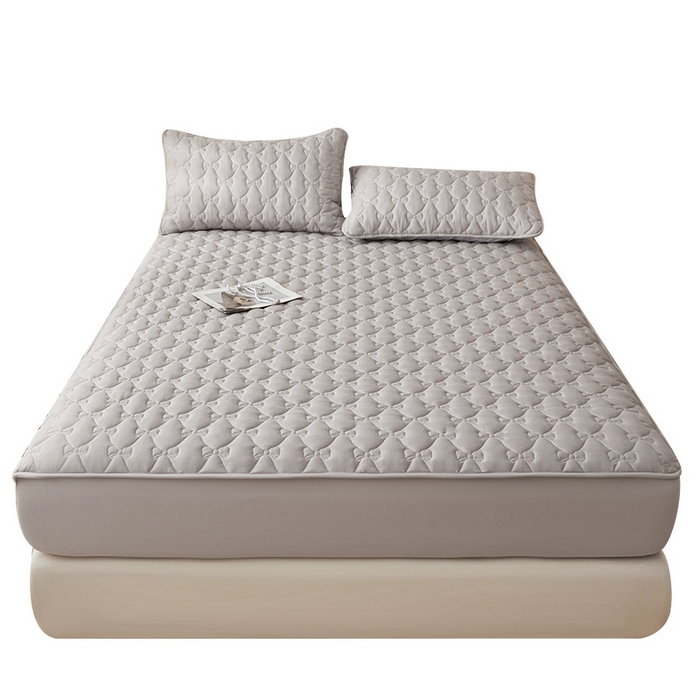 91家纺网 家纺一手货源 找家纺 LIFE.丽芙 2025新款水洗原棉单件蝴蝶结绗缝夹棉床笠三件套 蝴蝶结床笠-山灰