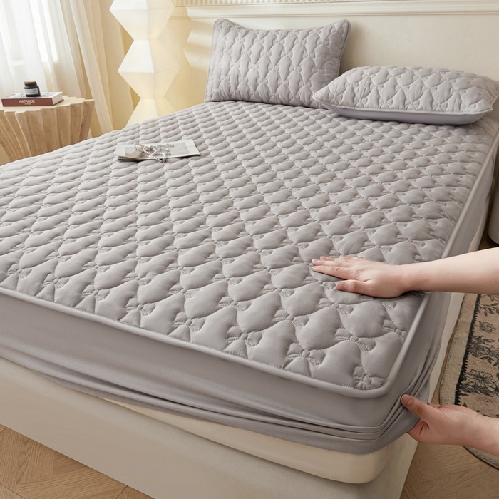 91家纺网 家纺一手货源 找家纺 LIFE.丽芙 2025新款水洗原棉单件蝴蝶结绗缝夹棉床笠三件套 蝴蝶结床笠-山灰